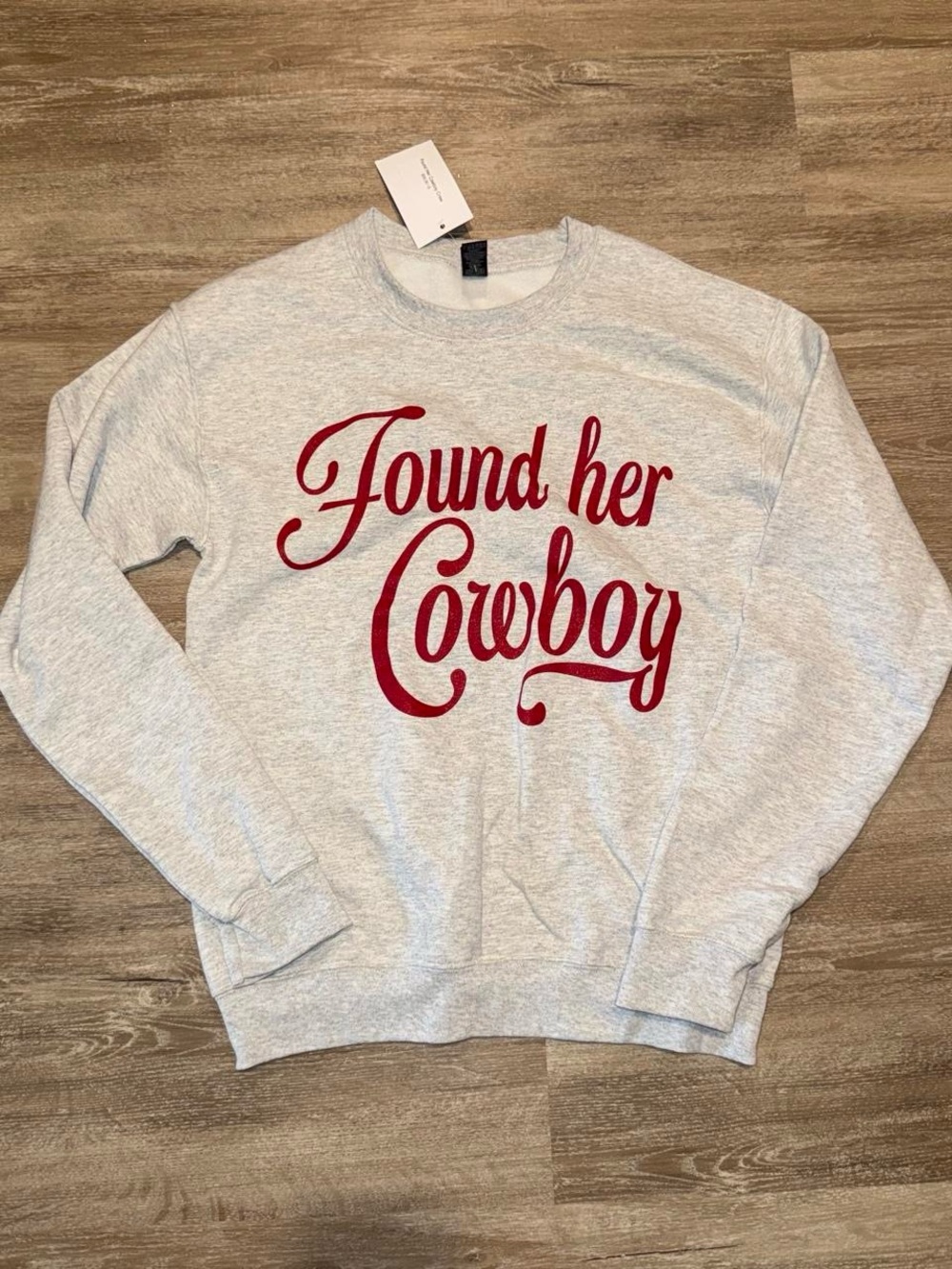 Gildan Light Gray Crewneck Sweatshirt with Red 'Found her Cowboy' Script